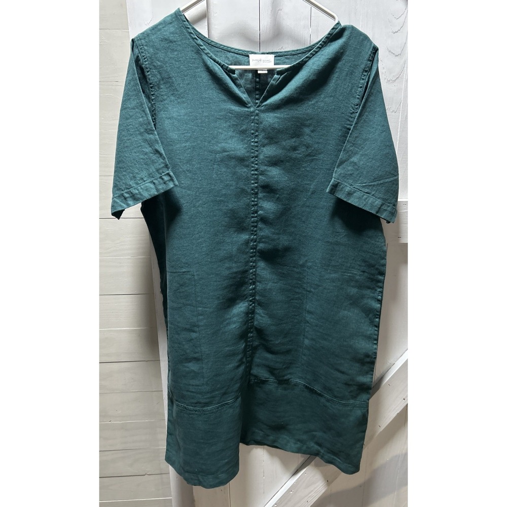 PureJill Shift Dress Women's M Green  Short Sleeve 100% Linen Pockets V-Neck